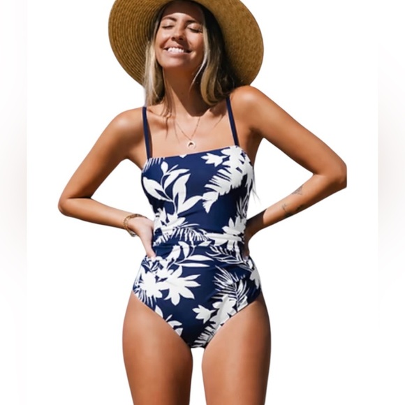 Cupshe Navy Blue White Tropical Women’s One Piece Swimsuit Rushed Side Sz S - Picture 1 of 15